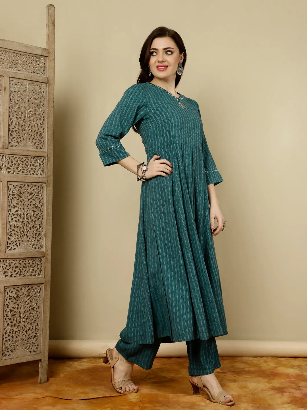 Teal Mirror Work A-line Kurta With Palazzo
