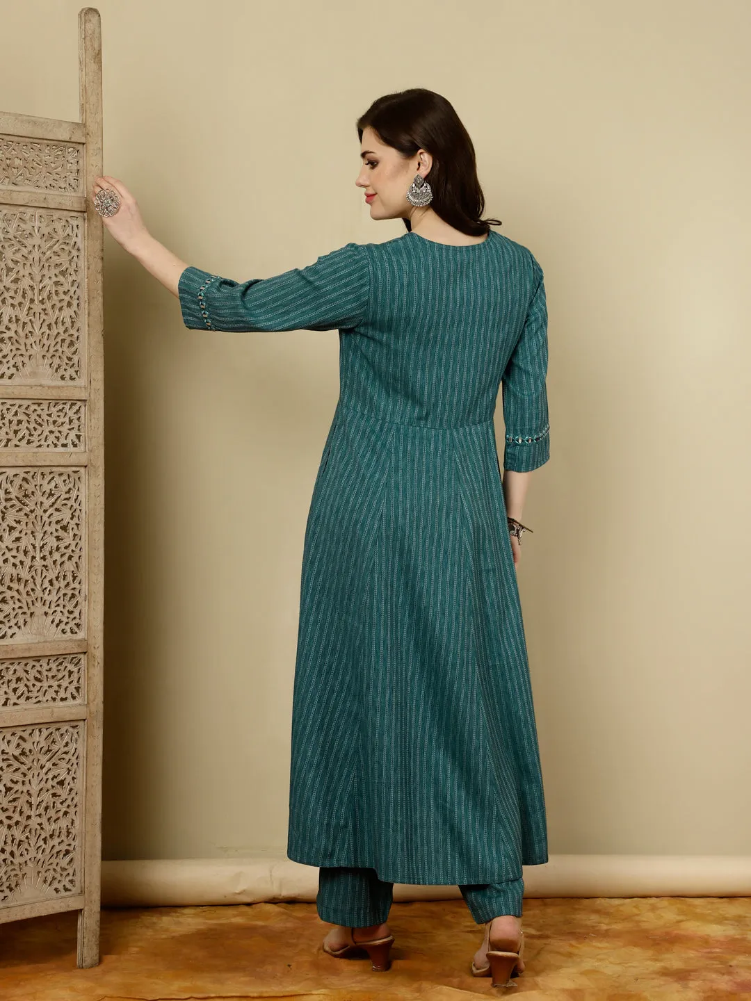 Teal Mirror Work A-line Kurta With Palazzo