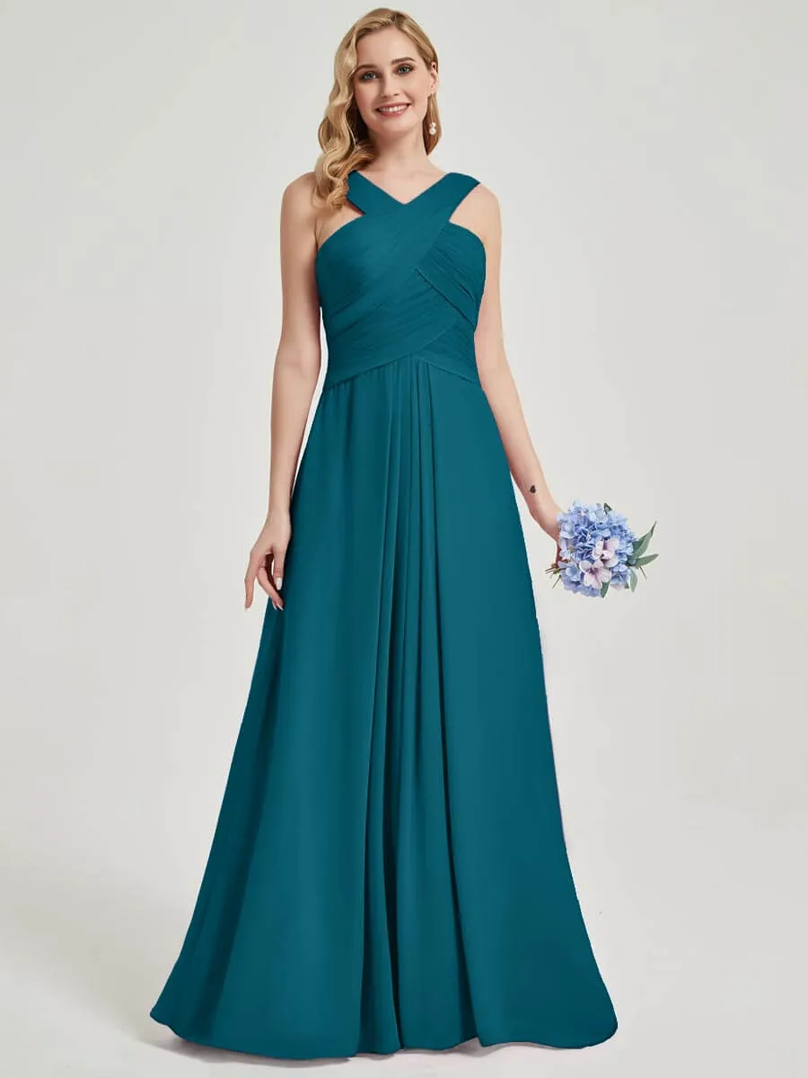 Teal Pleated Chiffon Cross-Neck A-Line Floor Length Bridesmaid Dress