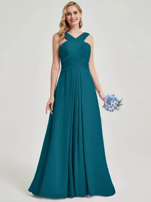 Teal Pleated Chiffon Cross-Neck A-Line Floor Length Bridesmaid Dress