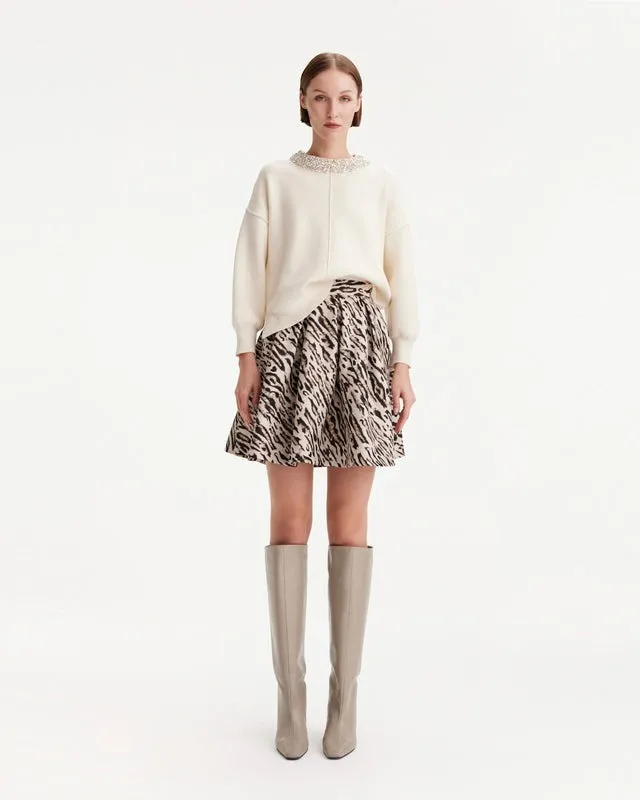 THEO Tyche Jacquard Short Pleated Skirt in Leopard