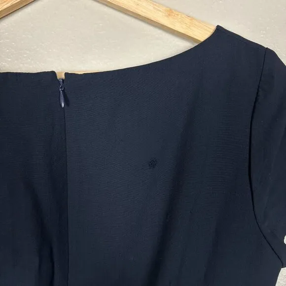 Theory Wool Sheath Mini Dress Short Sleeve Pleated Dark Navy Blue Women's Size 8