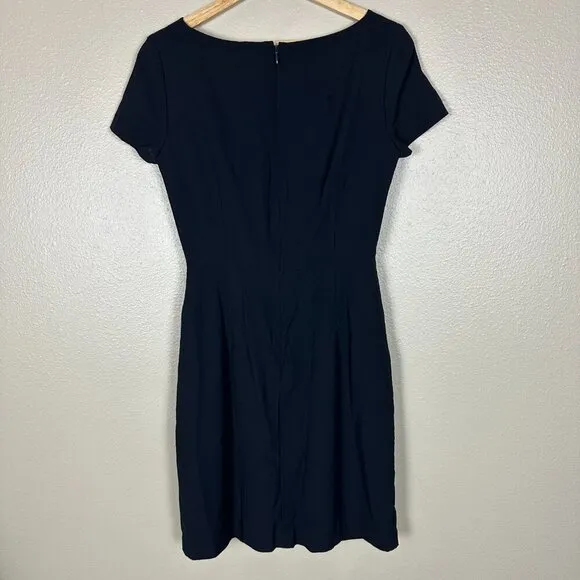Theory Wool Sheath Mini Dress Short Sleeve Pleated Dark Navy Blue Women's Size 8