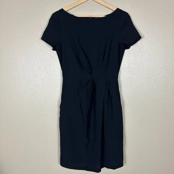 Theory Wool Sheath Mini Dress Short Sleeve Pleated Dark Navy Blue Women's Size 8