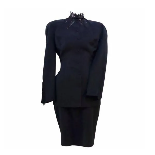 THIERRY MUGLER Black Skirt Suit Set with Lace Details | Size 40