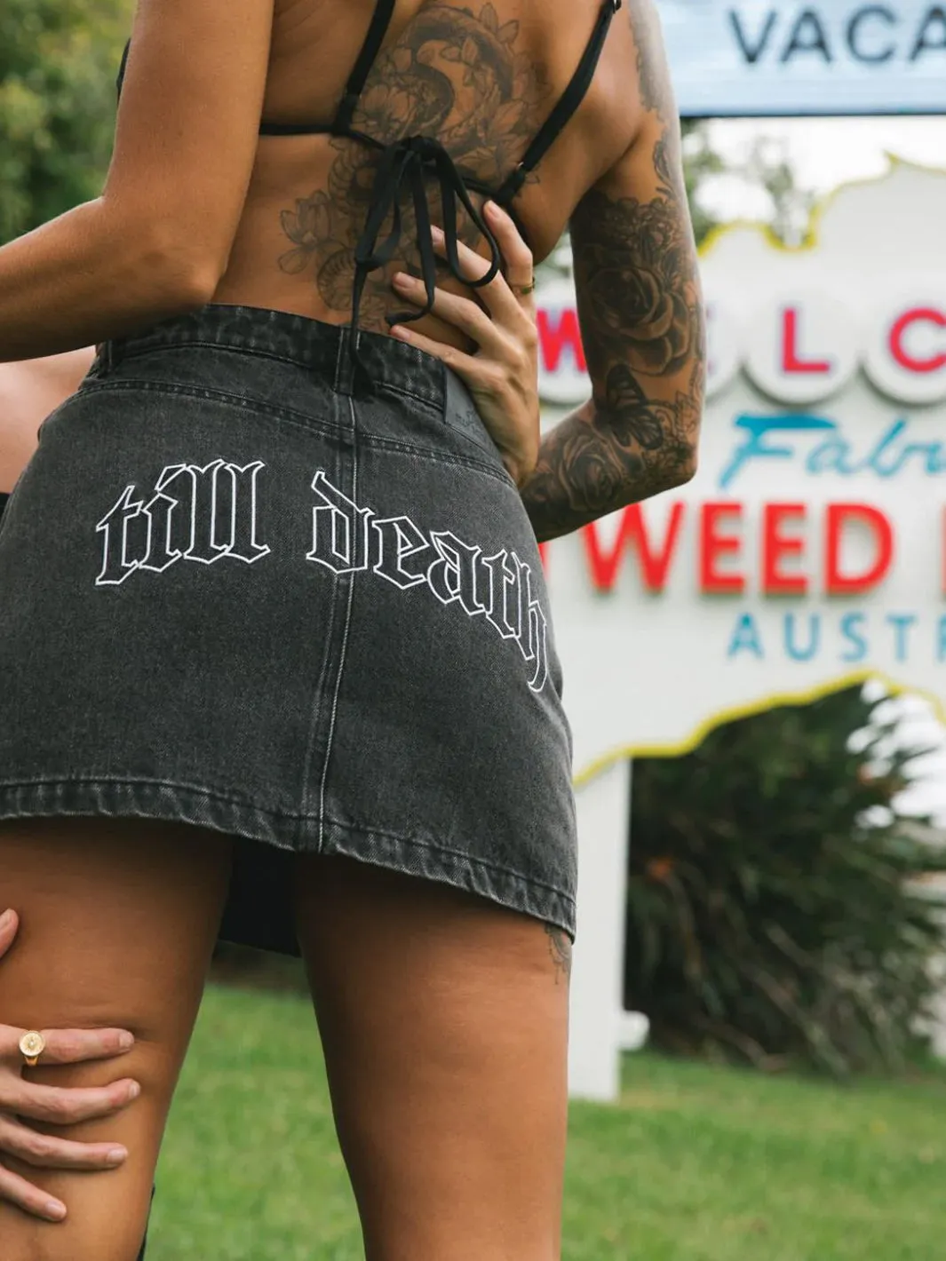 TILL DEATH DENIM SKIRT - ACID BLACK
