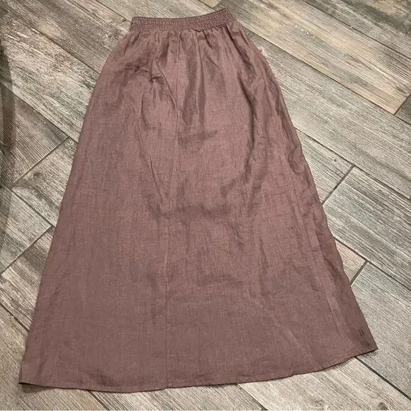 Tommy Bahama linen brown Smocked Waist embroidered Pull on Maxi Ankle Skirt XS