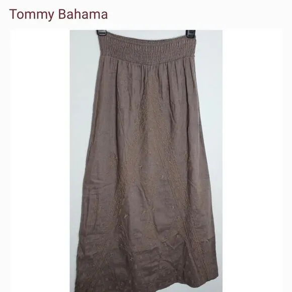Tommy Bahama linen brown Smocked Waist embroidered Pull on Maxi Ankle Skirt XS