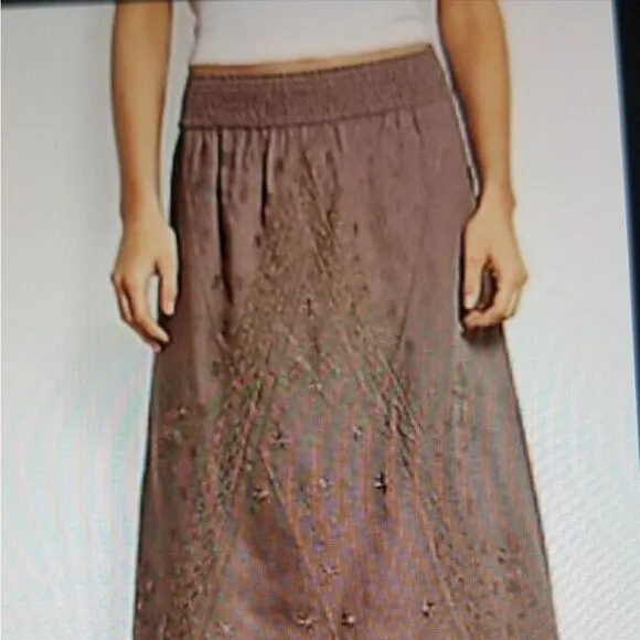 Tommy Bahama linen brown Smocked Waist embroidered Pull on Maxi Ankle Skirt XS