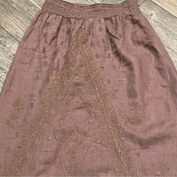 Tommy Bahama linen brown Smocked Waist embroidered Pull on Maxi Ankle Skirt XS