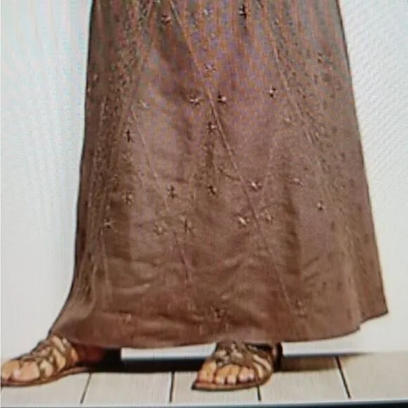 Tommy Bahama linen brown Smocked Waist embroidered Pull on Maxi Ankle Skirt XS