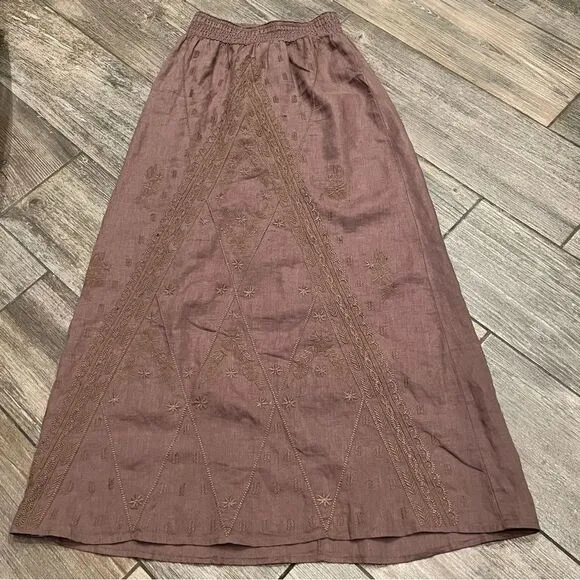 Tommy Bahama linen brown Smocked Waist embroidered Pull on Maxi Ankle Skirt XS