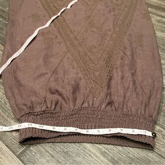 Tommy Bahama linen brown Smocked Waist embroidered Pull on Maxi Ankle Skirt XS