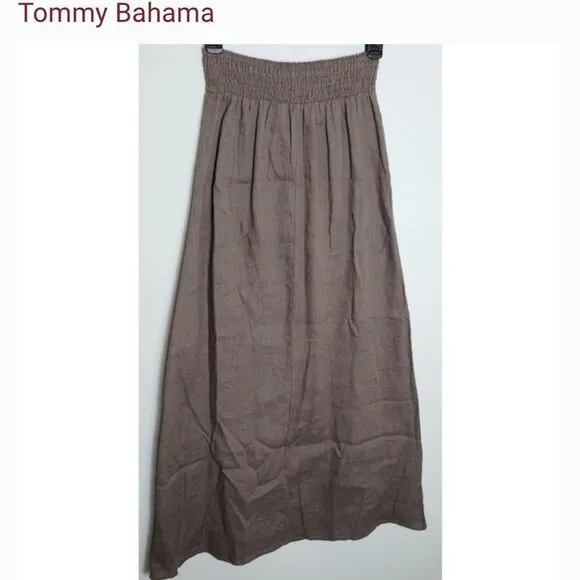 Tommy Bahama linen brown Smocked Waist embroidered Pull on Maxi Ankle Skirt XS