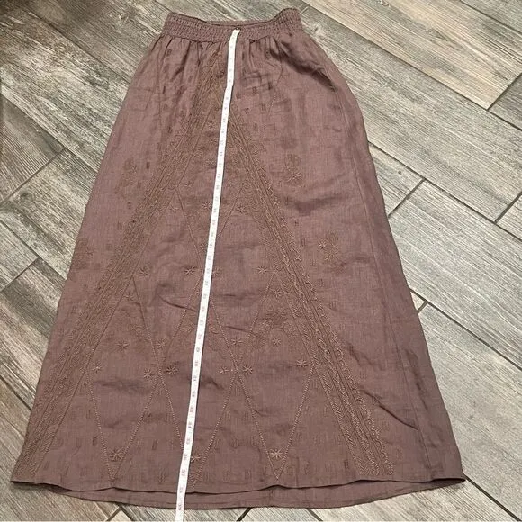 Tommy Bahama linen brown Smocked Waist embroidered Pull on Maxi Ankle Skirt XS