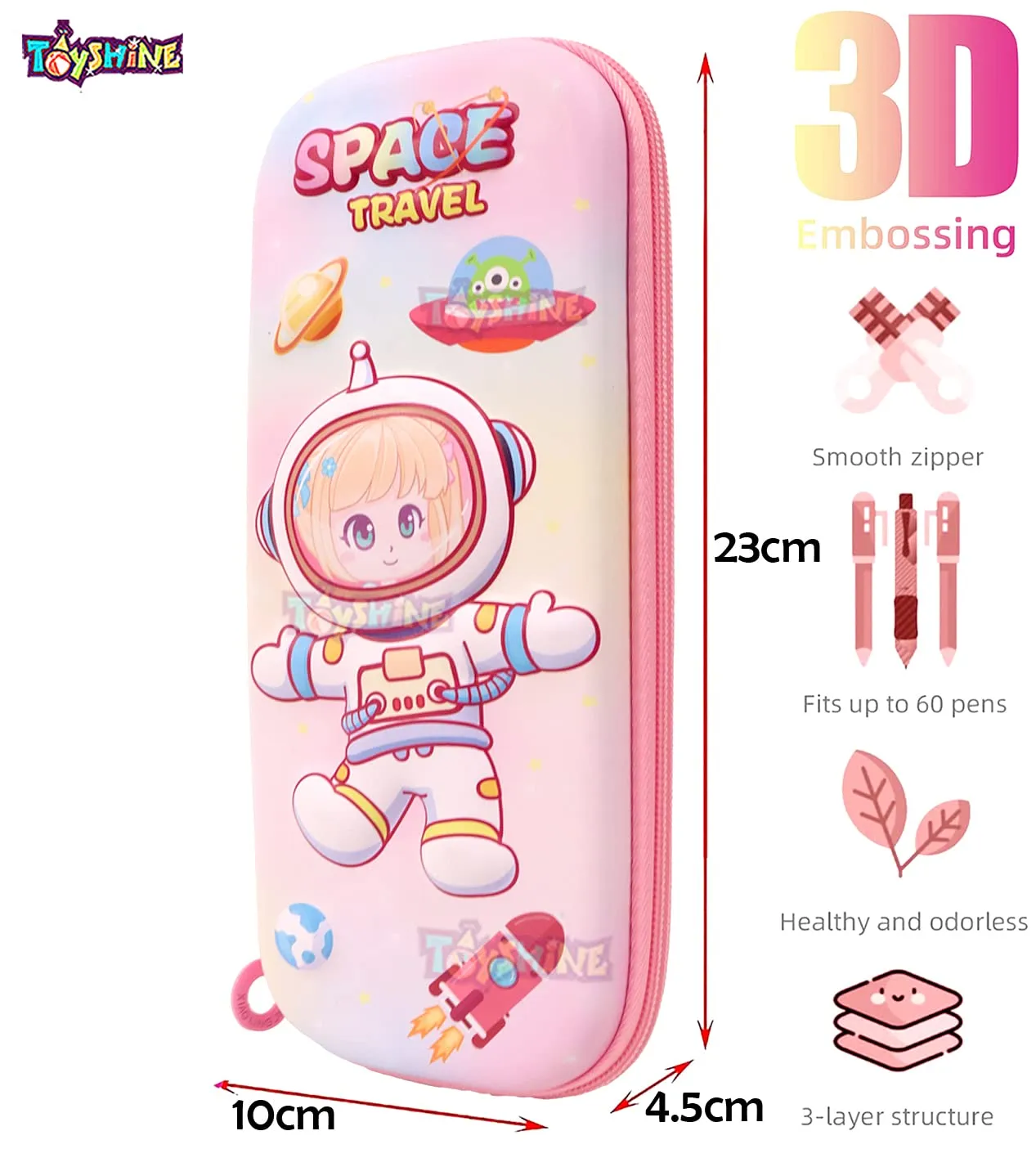 Toyshine Space Travel Hardtop Pencil Case with Multiple Compartments - Kids School Supply Organizer Students Stationery Box - Girls Pen Pouch- White