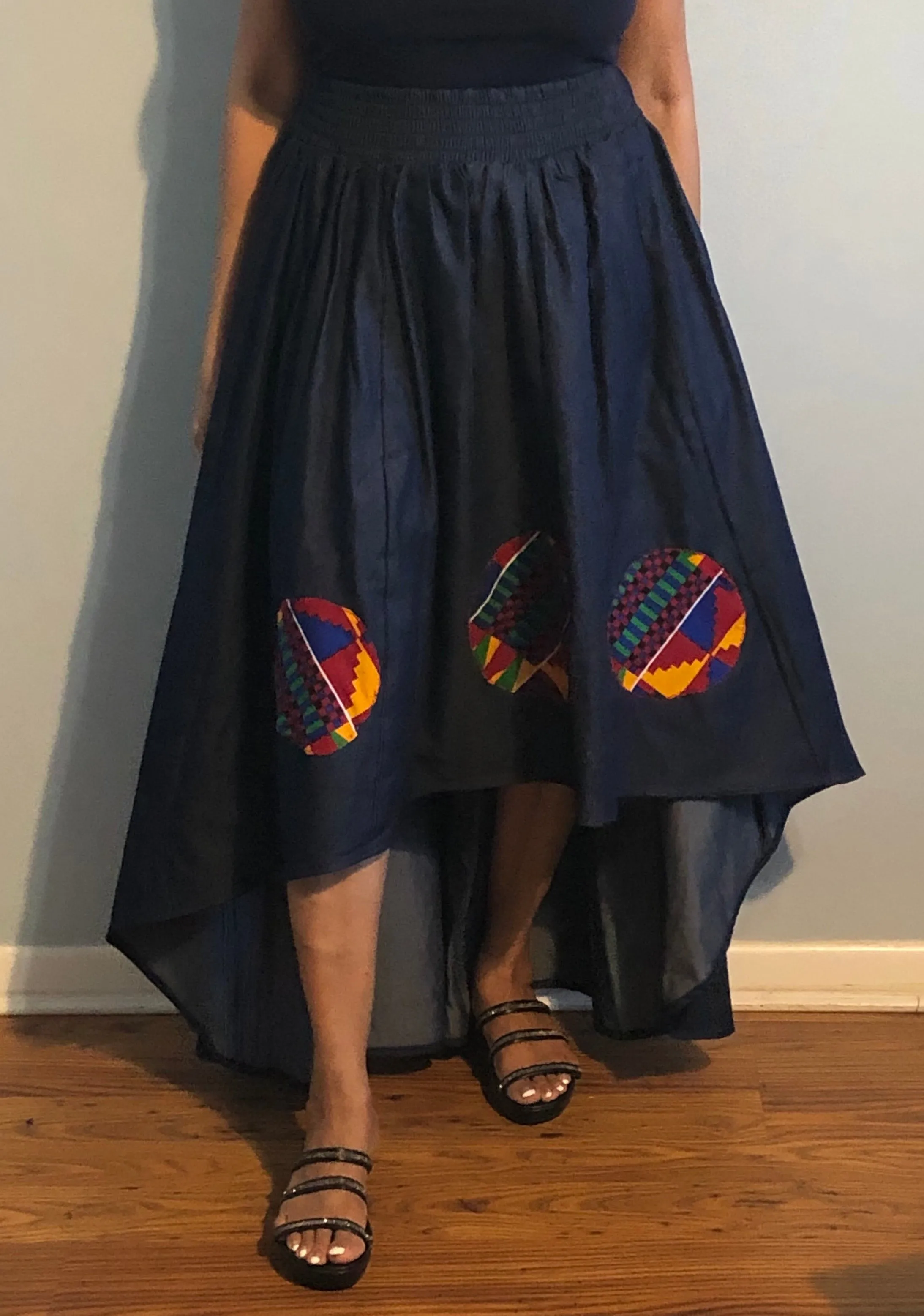 Trendy High Low Flared Blue Denim Skirt with African Pattered!!