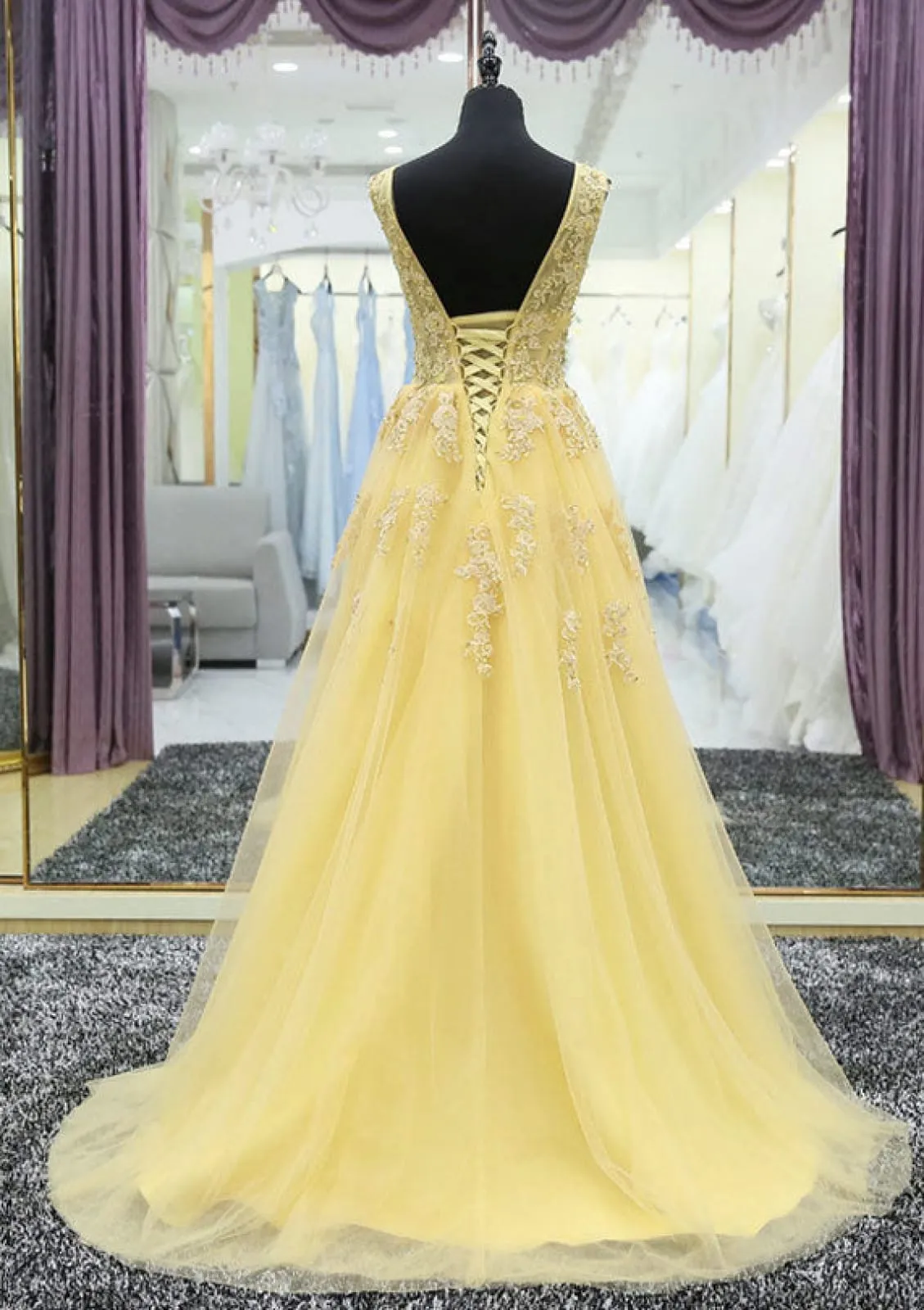 Tulle Prom Dress Princess V-Neck Sleeveless Court Yellow Lace Pleated