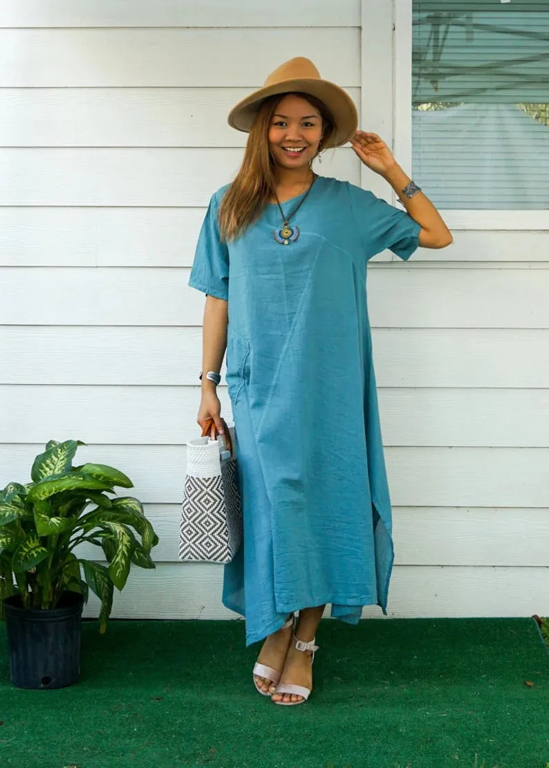 Turquoise Blue Raw Natural Cotton Gauze Dress with Pocket