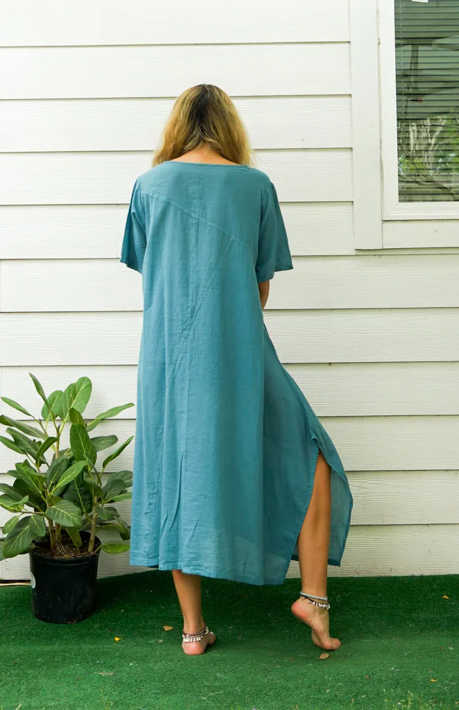 Turquoise Blue Raw Natural Cotton Gauze Dress with Pocket