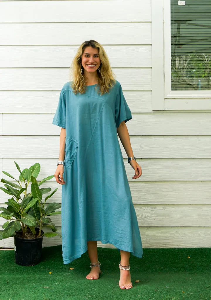 Turquoise Blue Raw Natural Cotton Gauze Dress with Pocket