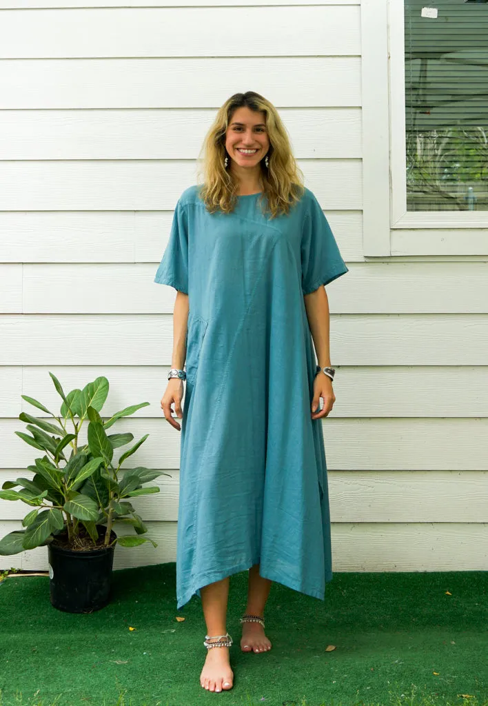 Turquoise Blue Raw Natural Cotton Gauze Dress with Pocket