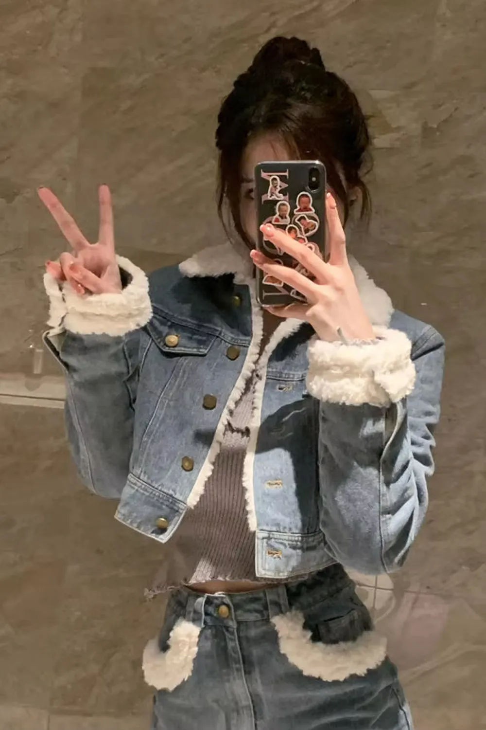 Two Piece Warm Crop Denim Jacket With Mini Denim Skirt Outfit Set