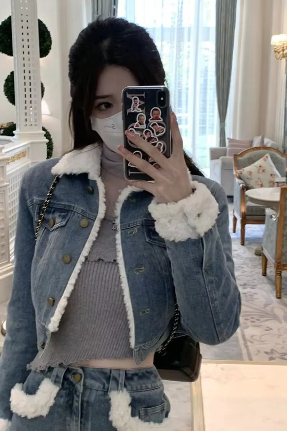 Two Piece Warm Crop Denim Jacket With Mini Denim Skirt Outfit Set