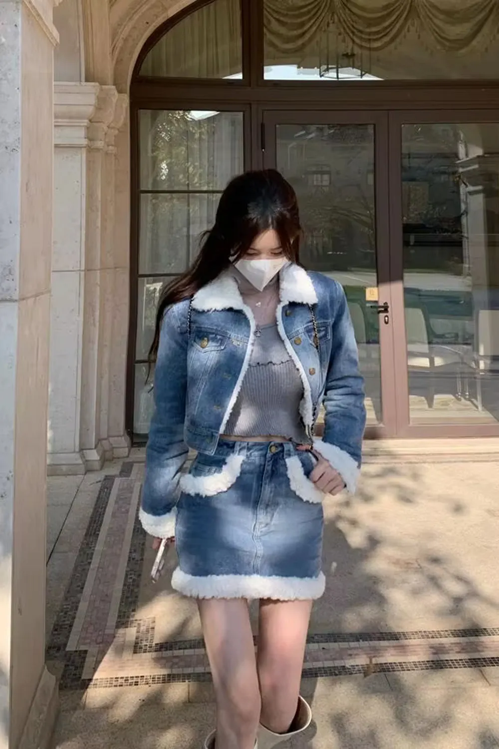 Two Piece Warm Crop Denim Jacket With Mini Denim Skirt Outfit Set