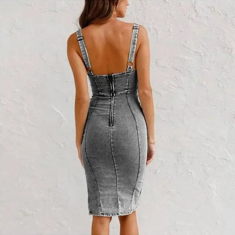 U-Neck Denim Suspender Dress - Summer Slit Design