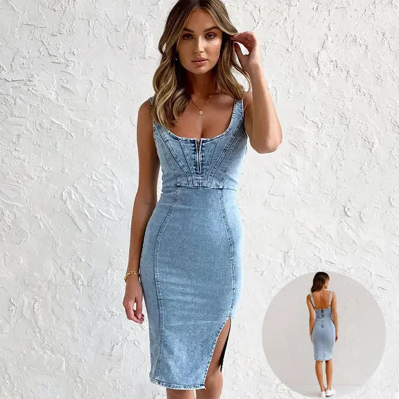 U-Neck Denim Suspender Dress - Summer Slit Design