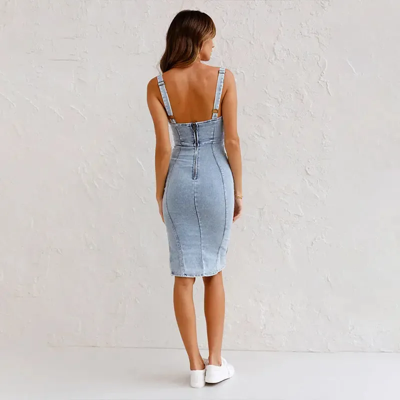 U-Neck Denim Suspender Dress - Summer Slit Design