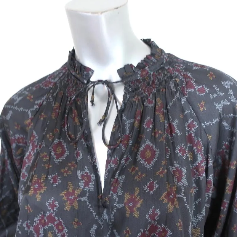 Ulla Johnson Mini Dress Piera Charcoal Printed Pleated Satin Size 2 Long Sleeve