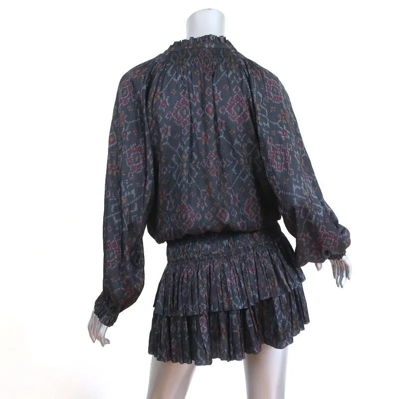 Ulla Johnson Mini Dress Piera Charcoal Printed Pleated Satin Size 2 Long Sleeve