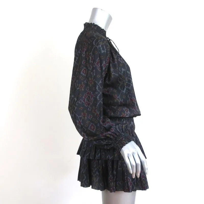 Ulla Johnson Mini Dress Piera Charcoal Printed Pleated Satin Size 2 Long Sleeve