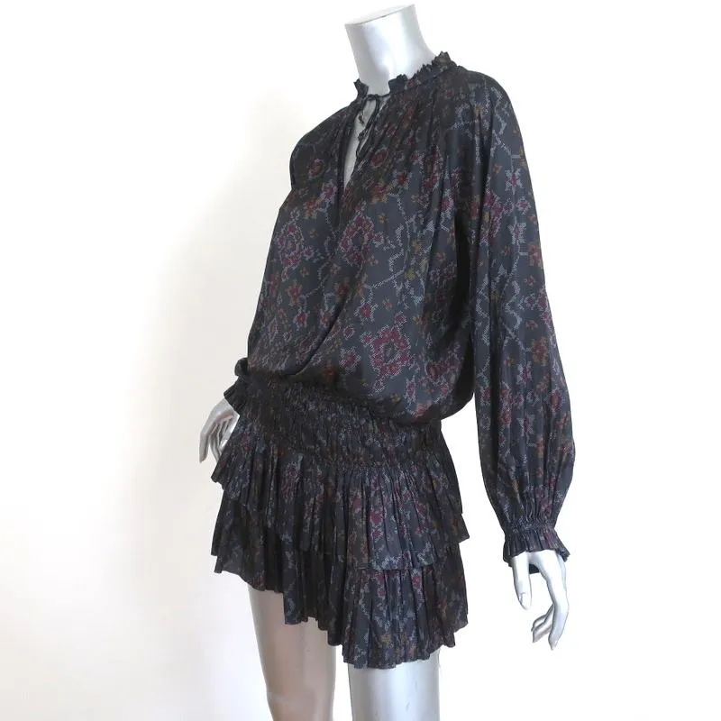 Ulla Johnson Mini Dress Piera Charcoal Printed Pleated Satin Size 2 Long Sleeve