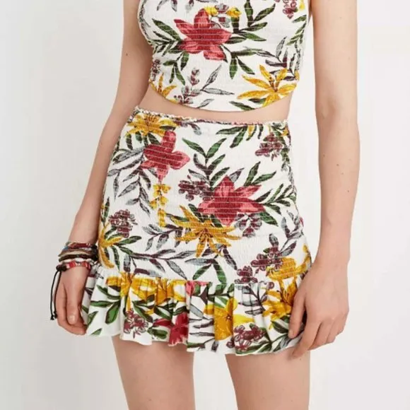 Urban Outfitters UO Nikita Floral Mini Skirt Cotton Smocked Ruffle S New