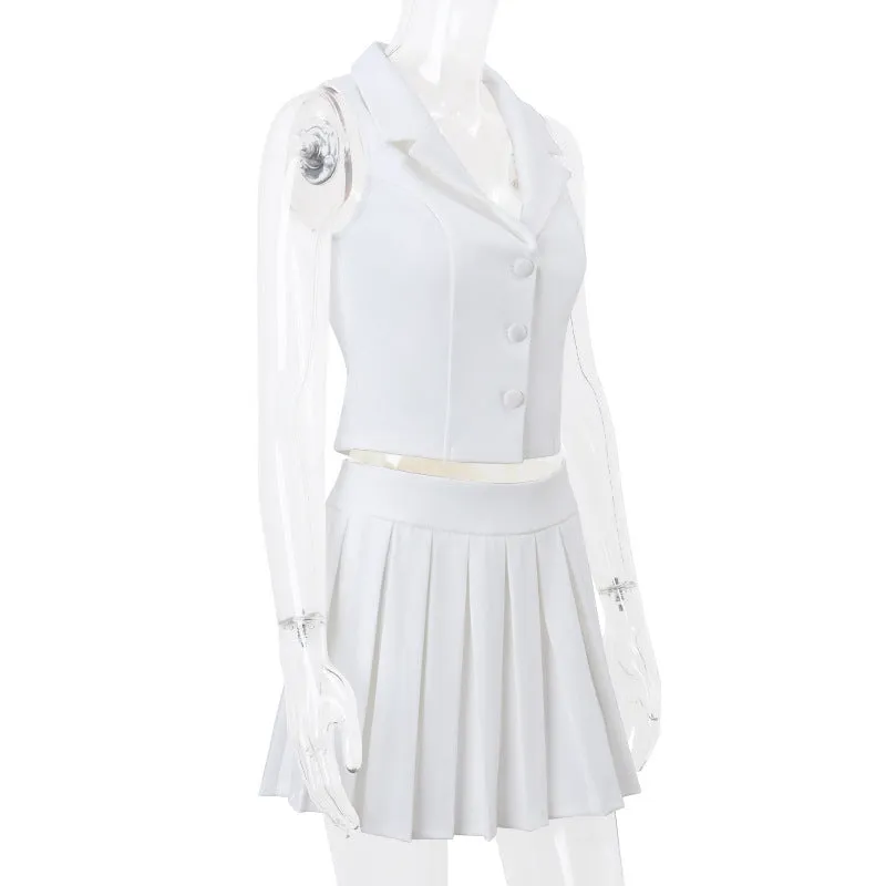 V-Neck Button Down Top and Pleated Mini Skirt