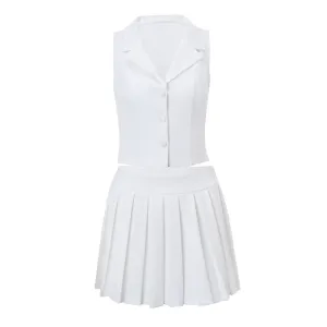 V-Neck Button Down Top and Pleated Mini Skirt