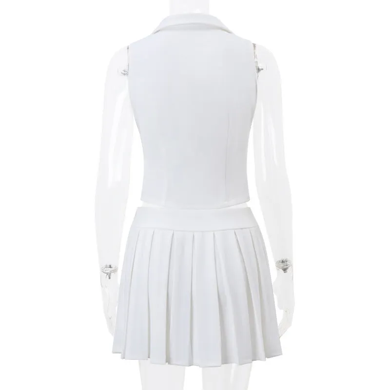 V-Neck Button Down Top and Pleated Mini Skirt