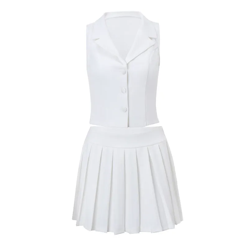 V-Neck Button Down Top and Pleated Mini Skirt