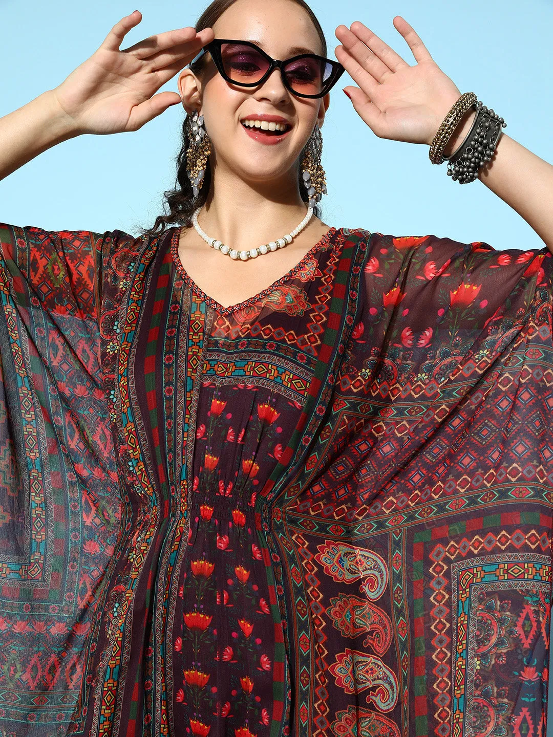 V Neck Chiffon All Over Multi Color Abstract Print Wine Flared Kaftan Set For Women - ZOLA