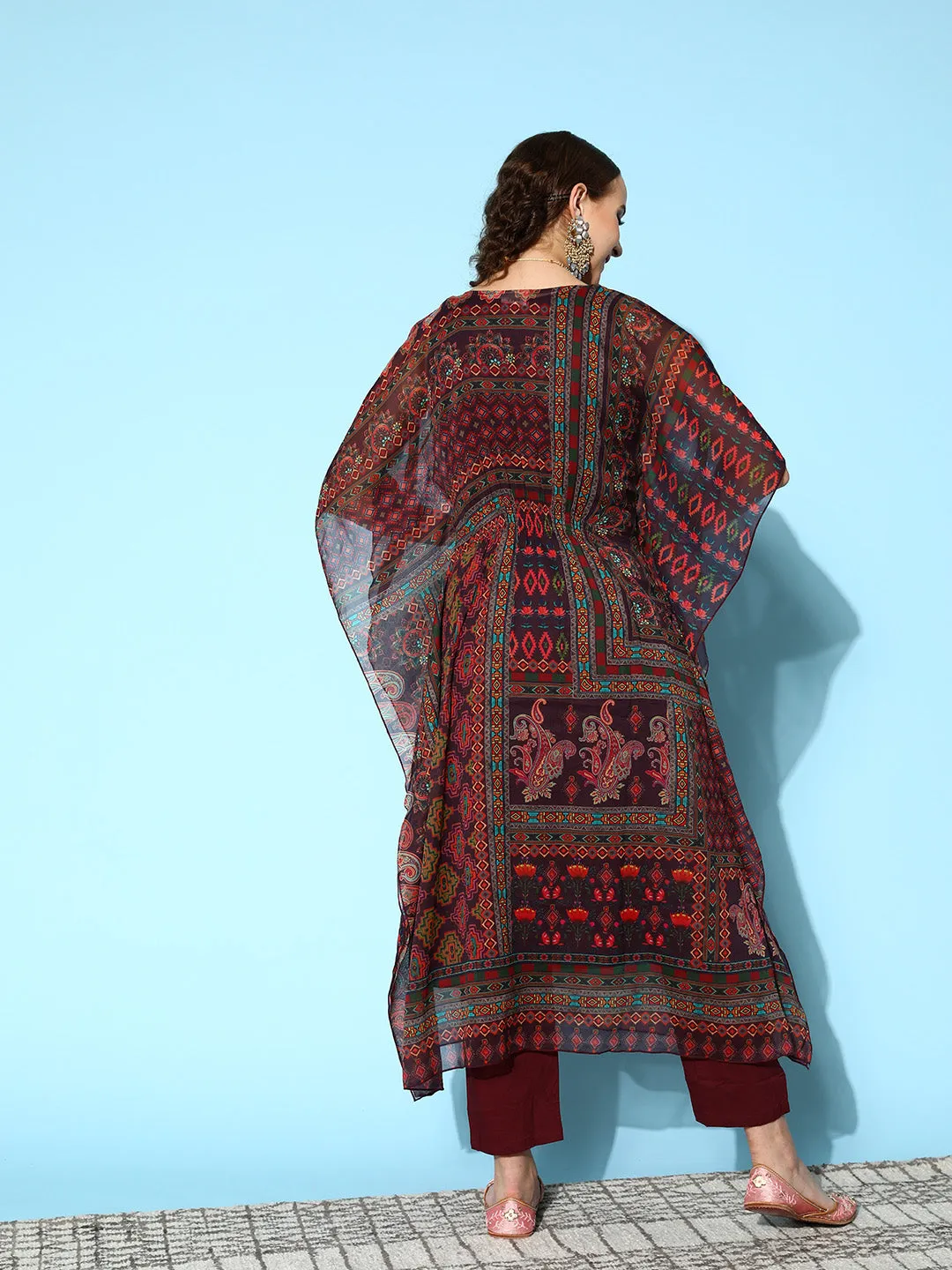V Neck Chiffon All Over Multi Color Abstract Print Wine Flared Kaftan Set For Women - ZOLA