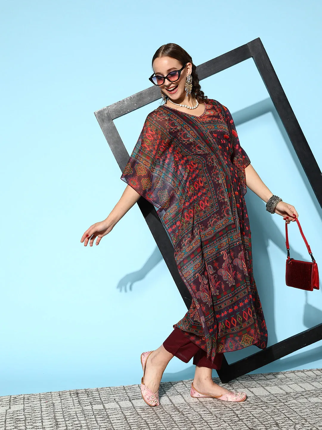 V Neck Chiffon All Over Multi Color Abstract Print Wine Flared Kaftan Set For Women - ZOLA