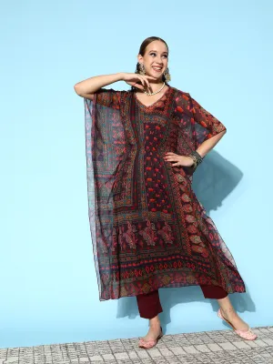 V Neck Chiffon All Over Multi Color Abstract Print Wine Flared Kaftan Set For Women - ZOLA