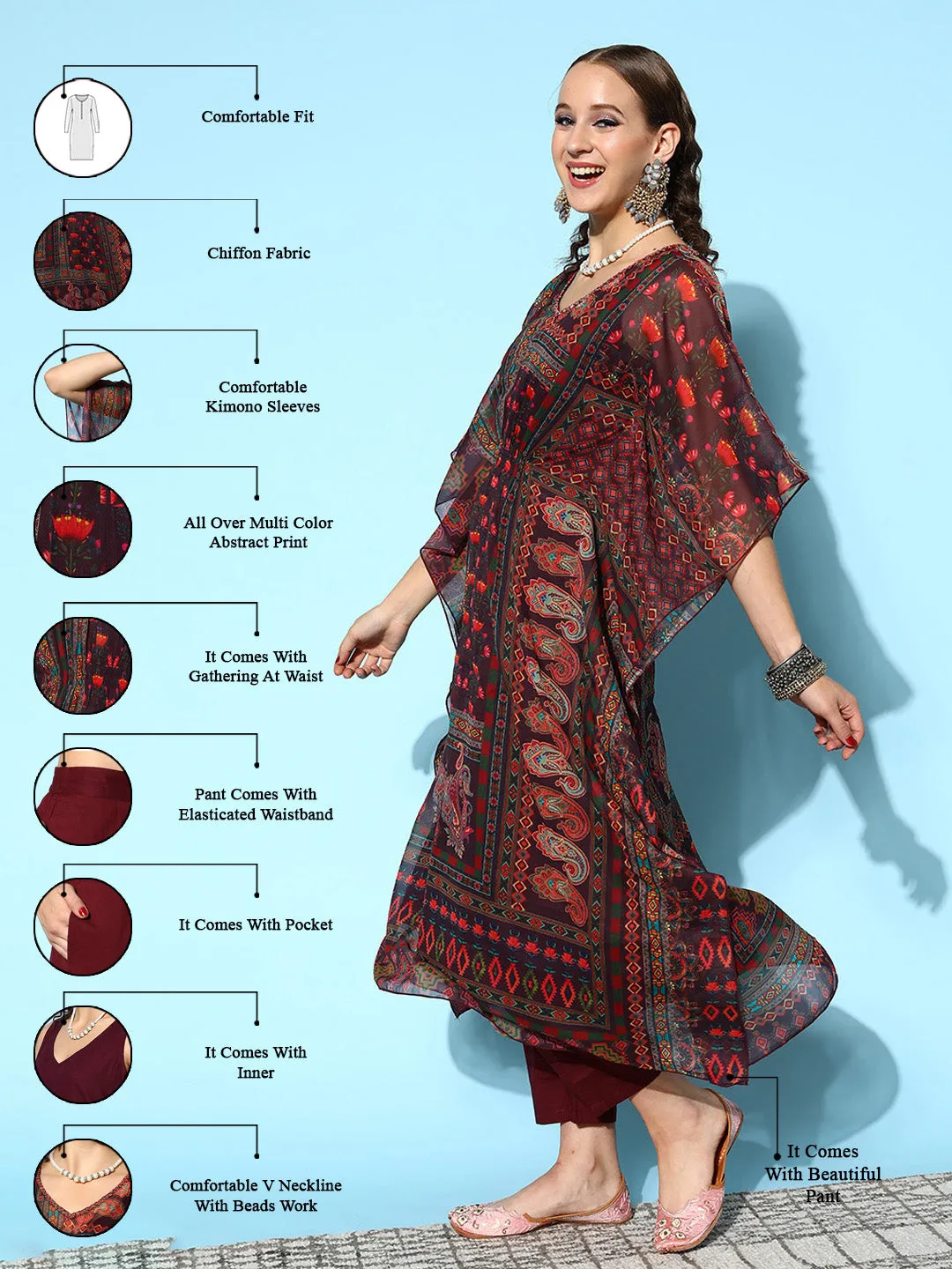 V Neck Chiffon All Over Multi Color Abstract Print Wine Flared Kaftan Set For Women - ZOLA
