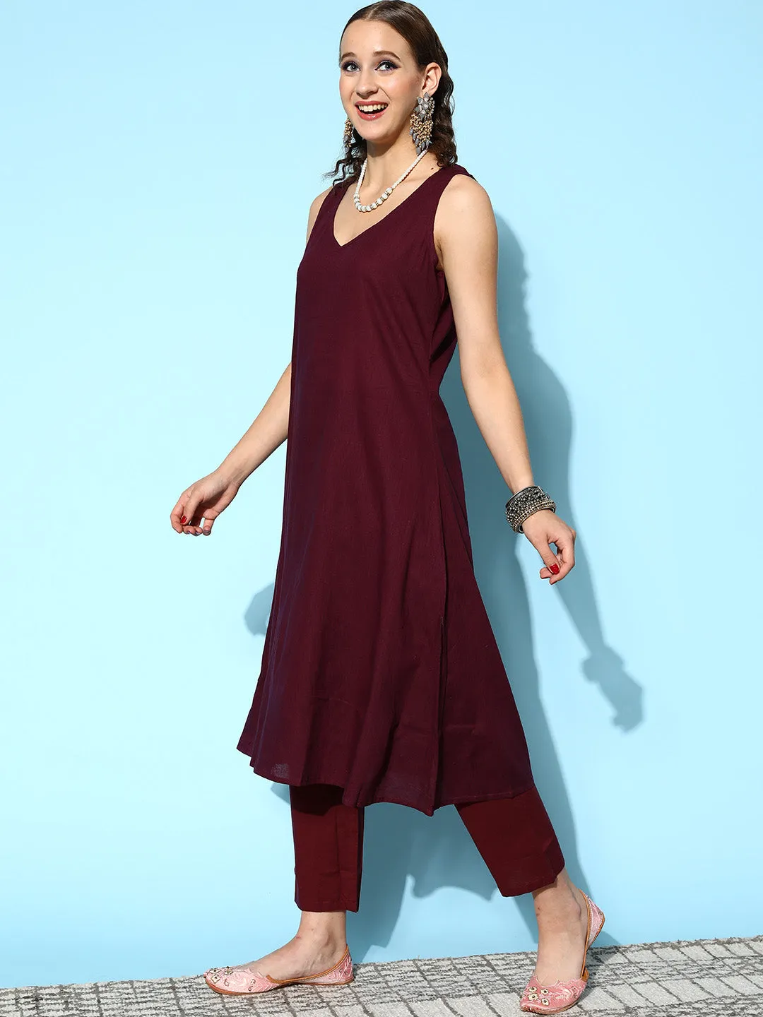 V Neck Chiffon All Over Multi Color Abstract Print Wine Flared Kaftan Set For Women - ZOLA