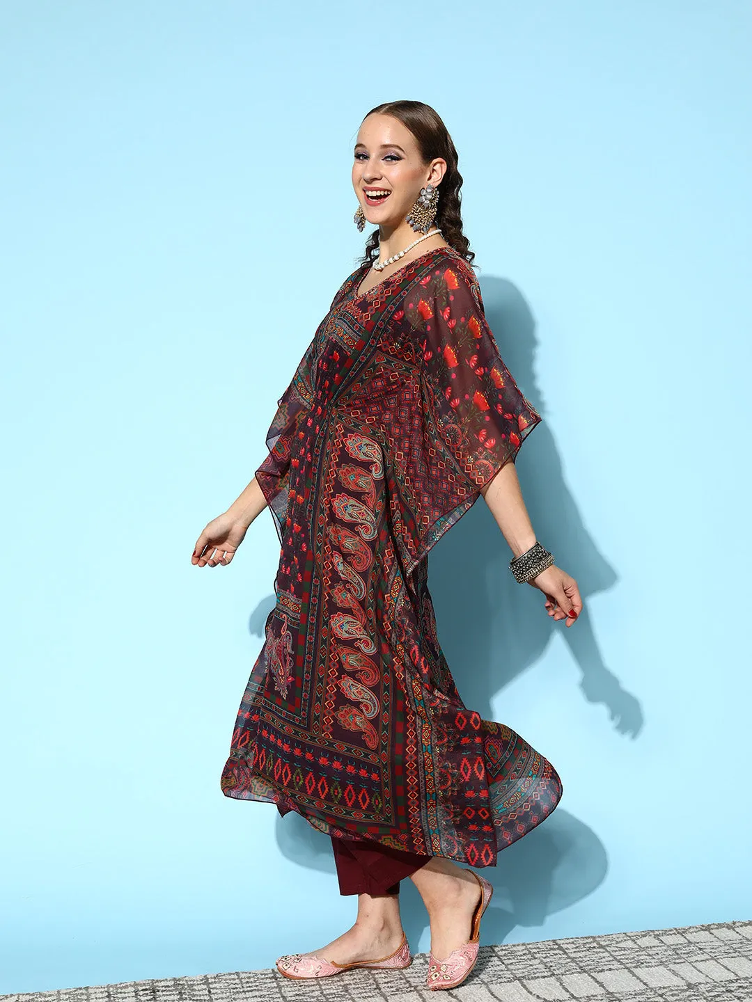 V Neck Chiffon All Over Multi Color Abstract Print Wine Flared Kaftan Set For Women - ZOLA