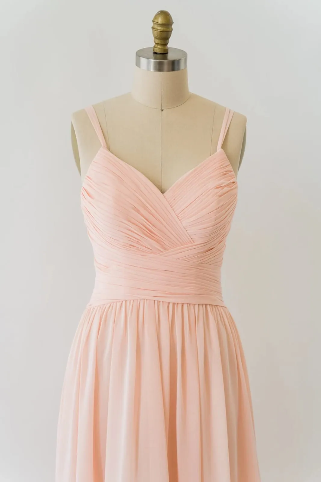 V Neck Double-strap Lace Blush Pink Chiffon Long Bridesmaid Dress