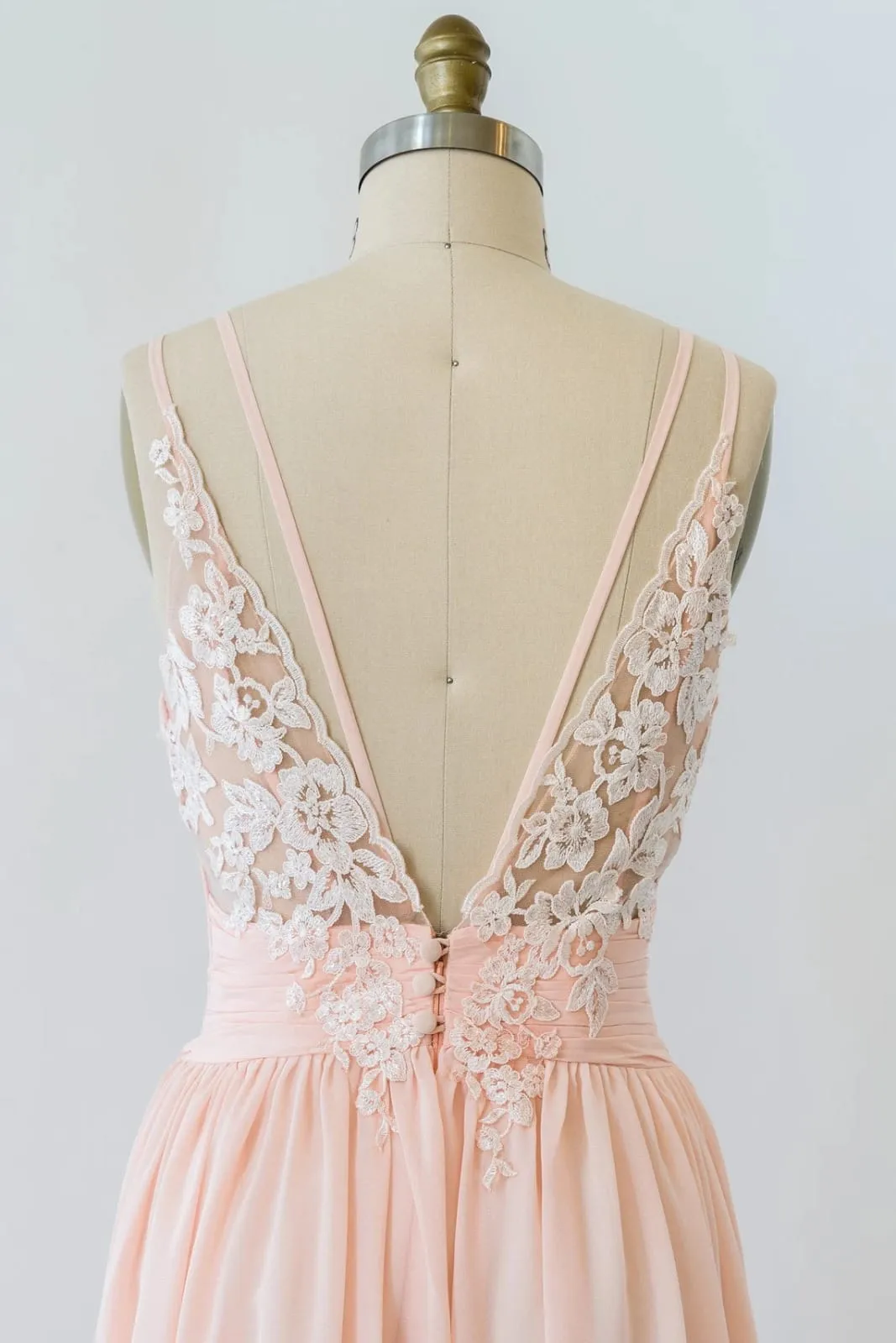 V Neck Double-strap Lace Blush Pink Chiffon Long Bridesmaid Dress